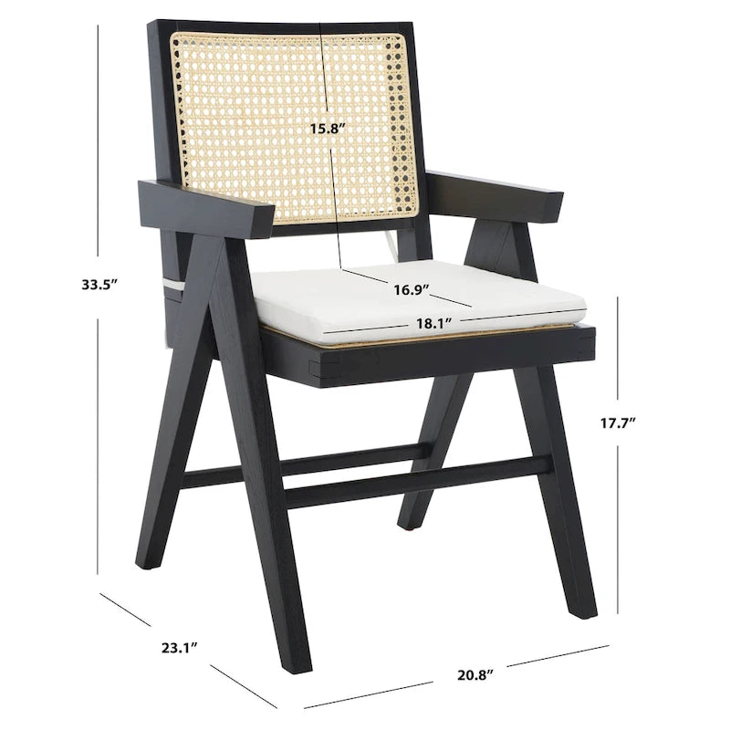 Fauteuil en bois de frêne massif avec dossier en rotin et coussin rembourré — 53 cm L × 58 cm P × 86 cm H