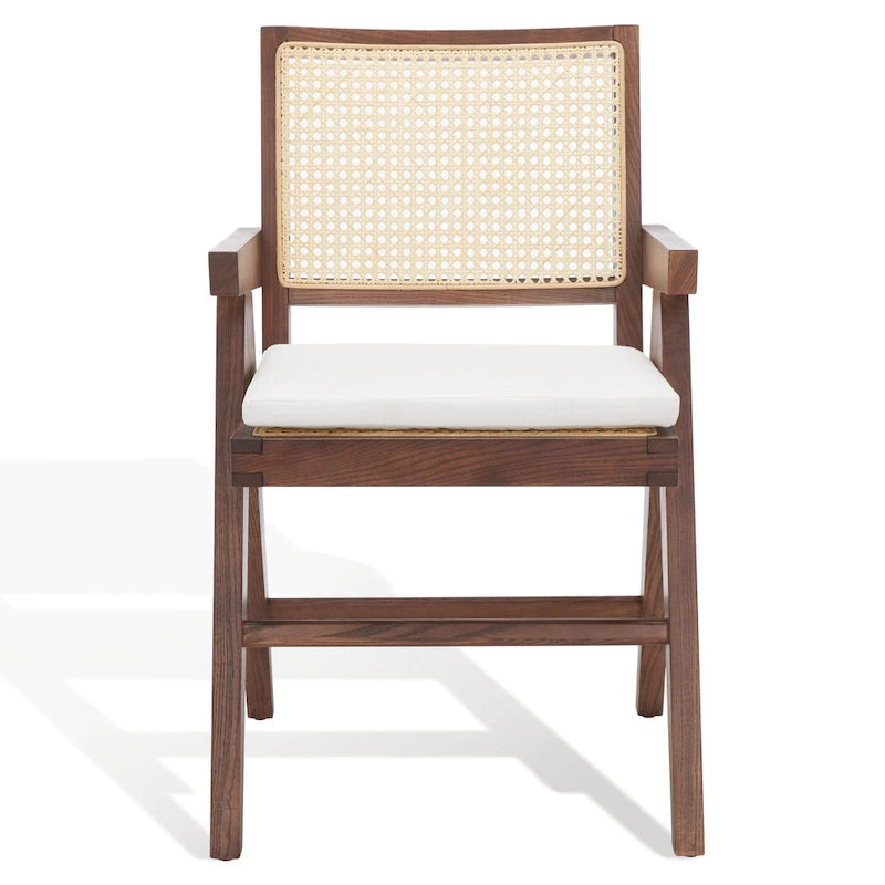 Fauteuil en bois de frêne massif avec dossier en rotin et coussin rembourré — 53 cm L × 58 cm P × 86 cm H