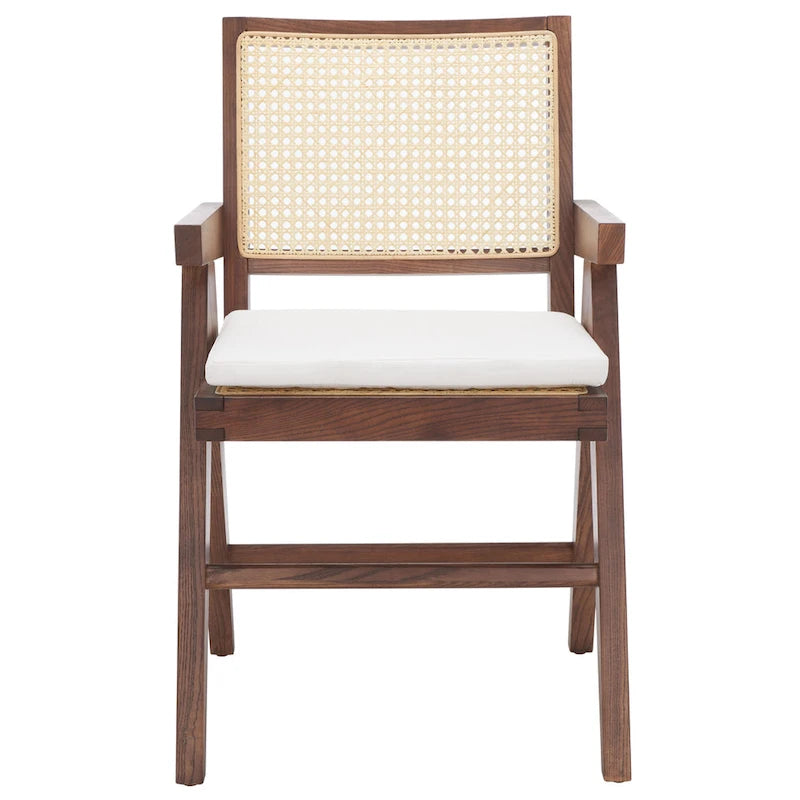 Fauteuil en bois de frêne massif avec dossier en rotin et coussin rembourré — 53 cm L × 58 cm P × 86 cm H
