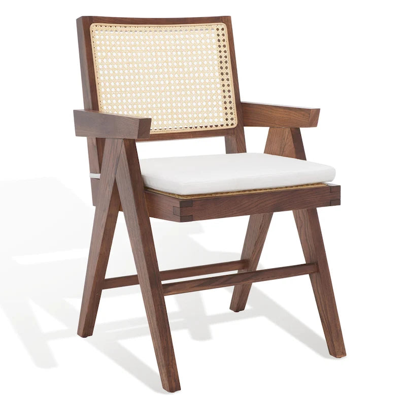 Fauteuil en bois de frêne massif avec dossier en rotin et coussin rembourré — 53 cm L × 58 cm P × 86 cm H