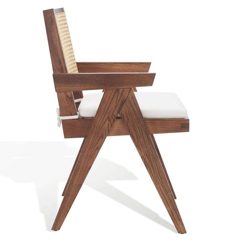Fauteuil en bois de frêne massif avec dossier en rotin et coussin rembourré — 53 cm L × 58 cm P × 86 cm H