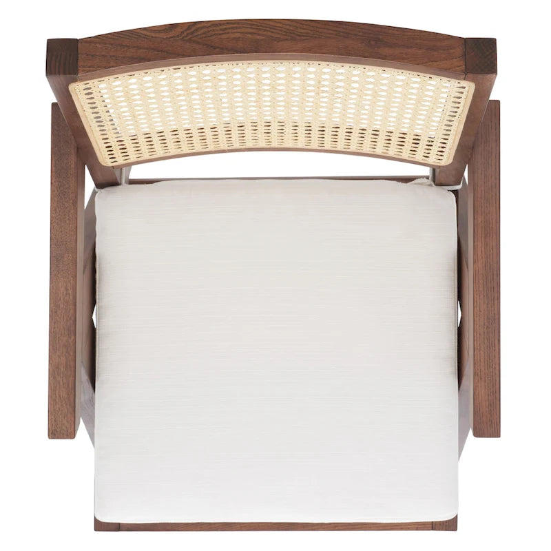 Fauteuil en bois de frêne massif avec dossier en rotin et coussin rembourré — 53 cm L × 58 cm P × 86 cm H