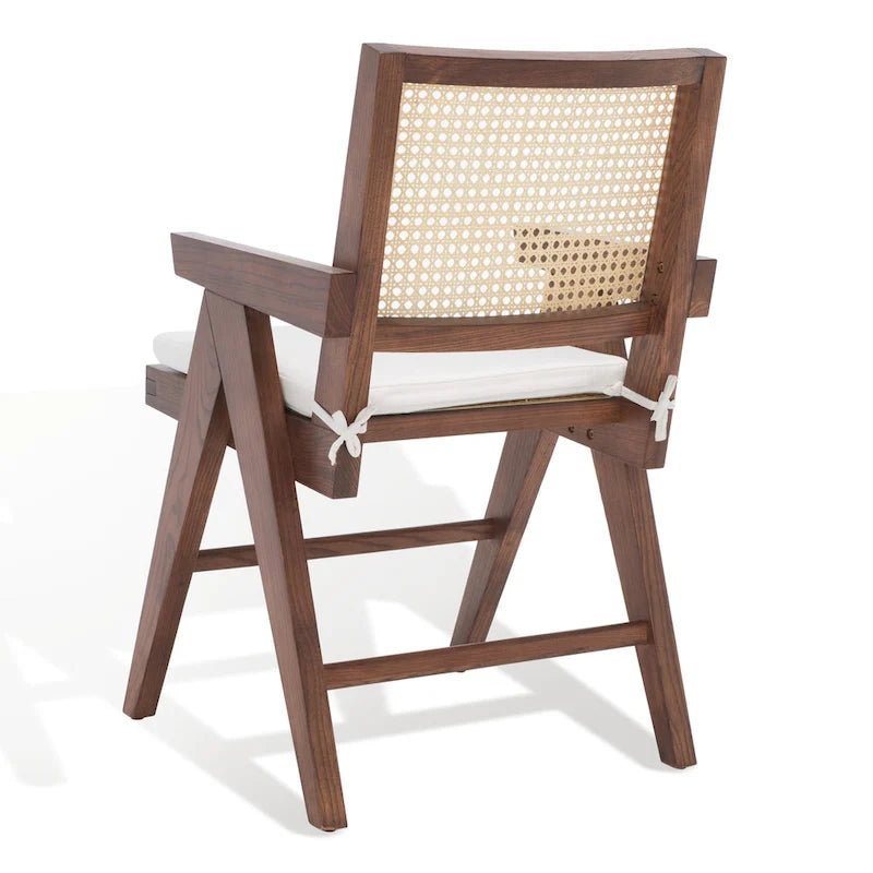 Fauteuil en bois de frêne massif avec dossier en rotin et coussin rembourré — 53 cm L × 58 cm P × 86 cm H
