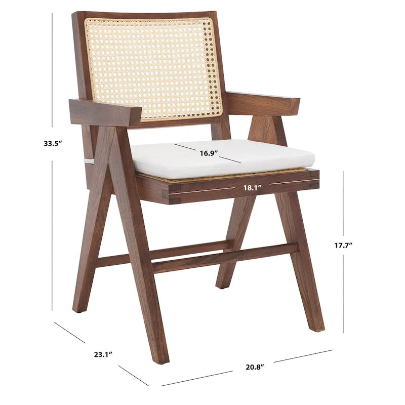 Fauteuil en bois de frêne massif avec dossier en rotin et coussin rembourré — 53 cm L × 58 cm P × 86 cm H