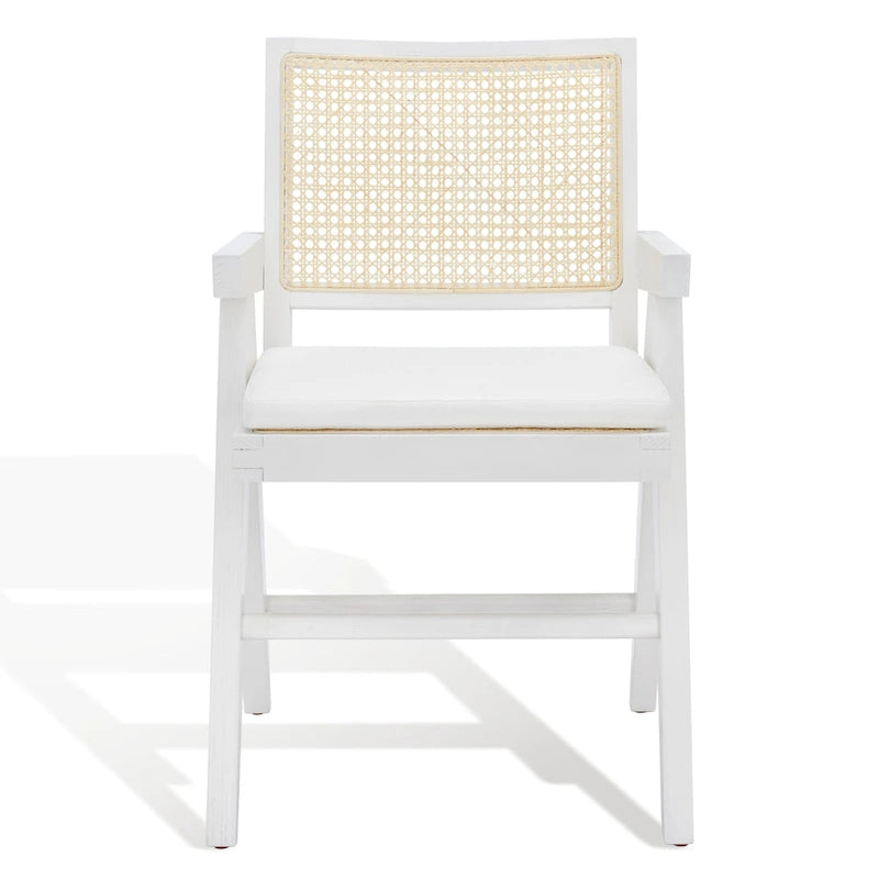 Fauteuil en bois de frêne massif avec dossier en rotin et coussin rembourré — 53 cm L × 58 cm P × 86 cm H