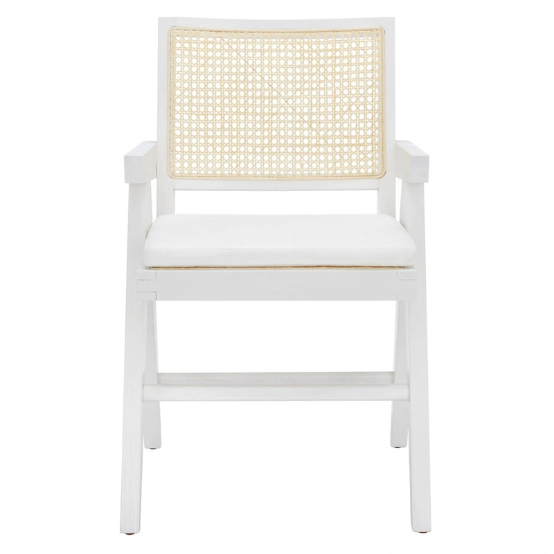 Fauteuil en bois de frêne massif avec dossier en rotin et coussin rembourré — 53 cm L × 58 cm P × 86 cm H