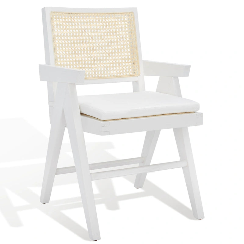 Fauteuil en bois de frêne massif avec dossier en rotin et coussin rembourré — 53 cm L × 58 cm P × 86 cm H