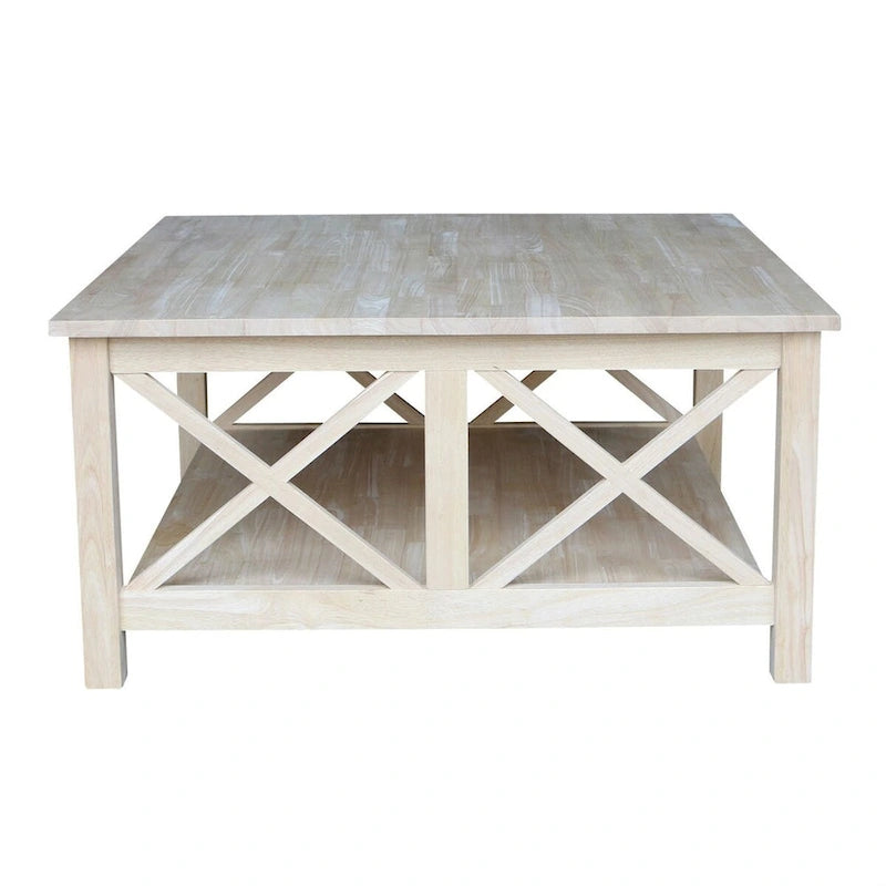 Table basse carrée en bois massif avec étagère inférieure, 91 cm – Bois naturel non traité