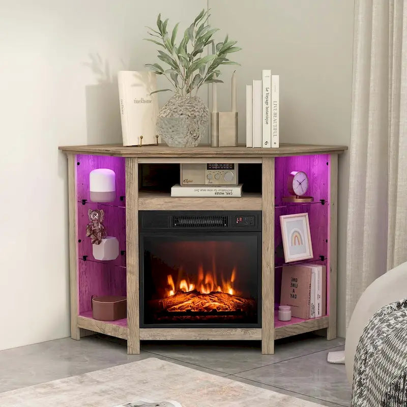 Meuble TV avec cheminée électrique, lumières LED 16 couleurs et étagères en verre réglables — Convient aux téléviseurs jusqu'à 50 pouces