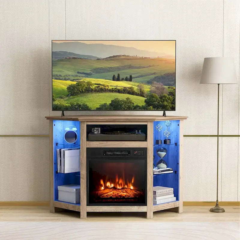 Meuble TV avec cheminée électrique, lumières LED 16 couleurs et étagères en verre réglables — Convient aux téléviseurs jusqu'à 50 pouces