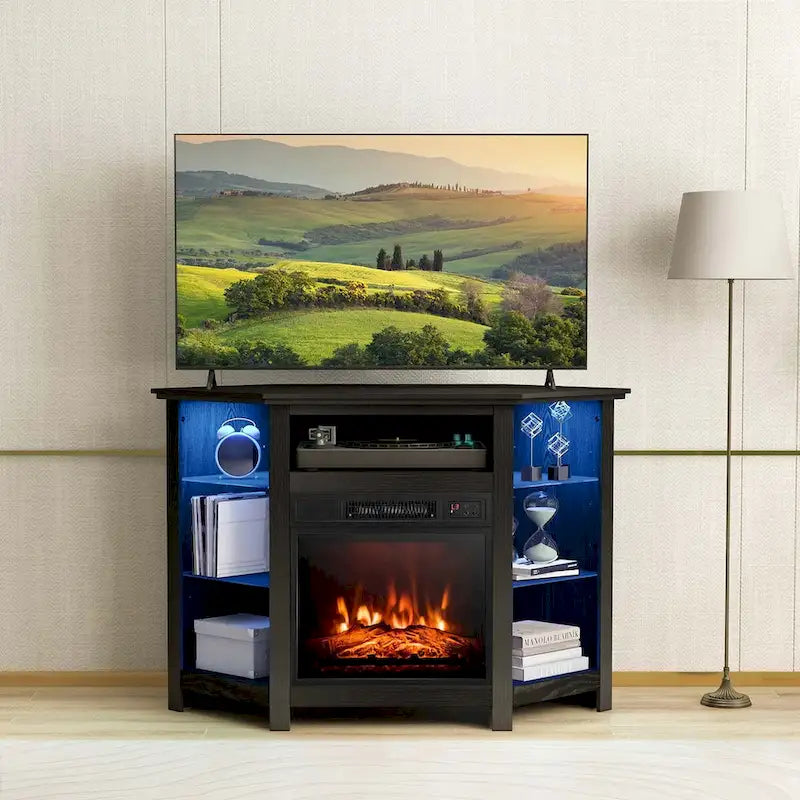 Meuble TV avec cheminée électrique, lumières LED 16 couleurs et étagères en verre réglables — Convient aux téléviseurs jusqu'à 50 pouces