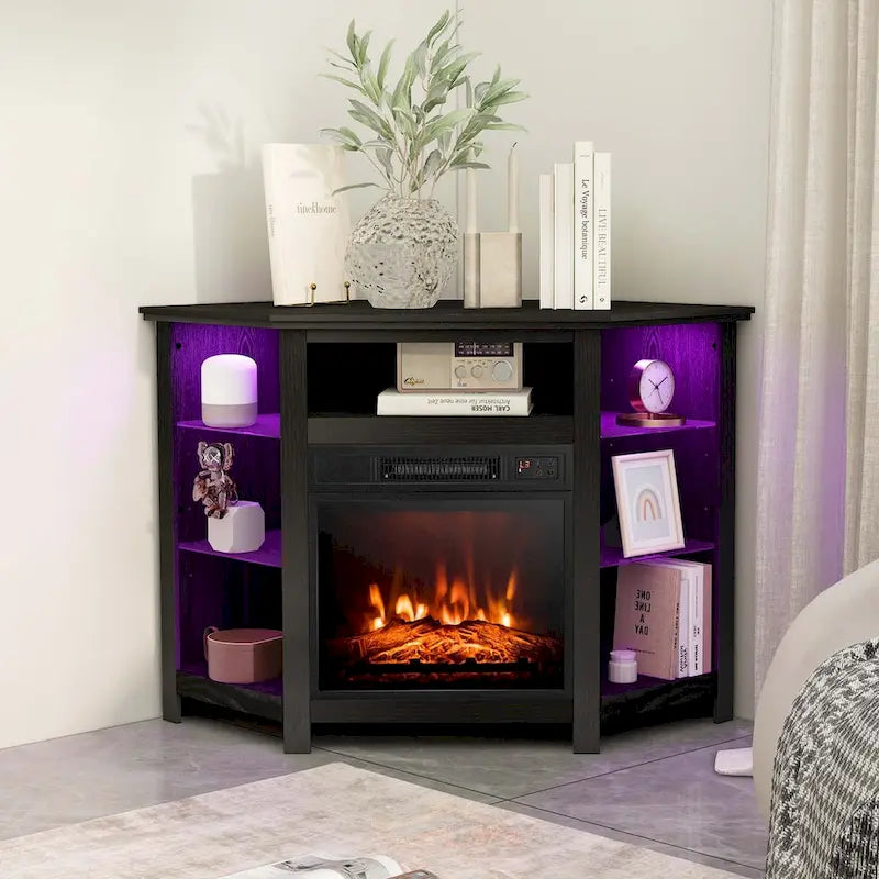 Meuble TV avec cheminée électrique, lumières LED 16 couleurs et étagères en verre réglables — Convient aux téléviseurs jusqu'à 50 pouces