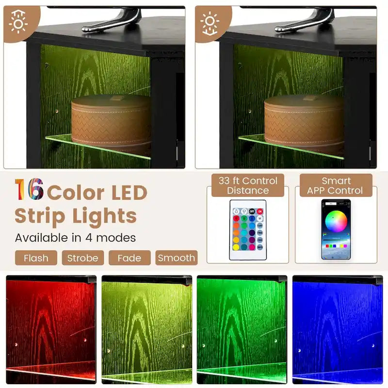 Meuble TV avec cheminée électrique, lumières LED 16 couleurs et étagères en verre réglables — Convient aux téléviseurs jusqu'à 50 pouces