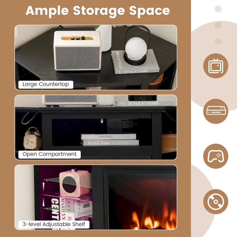 Meuble TV avec cheminée électrique, lumières LED 16 couleurs et étagères en verre réglables — Convient aux téléviseurs jusqu'à 50 pouces