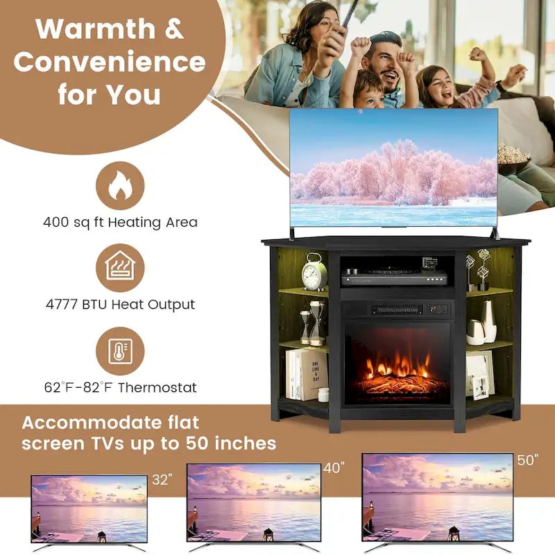 Meuble TV avec cheminée électrique, lumières LED 16 couleurs et étagères en verre réglables — Convient aux téléviseurs jusqu'à 50 pouces