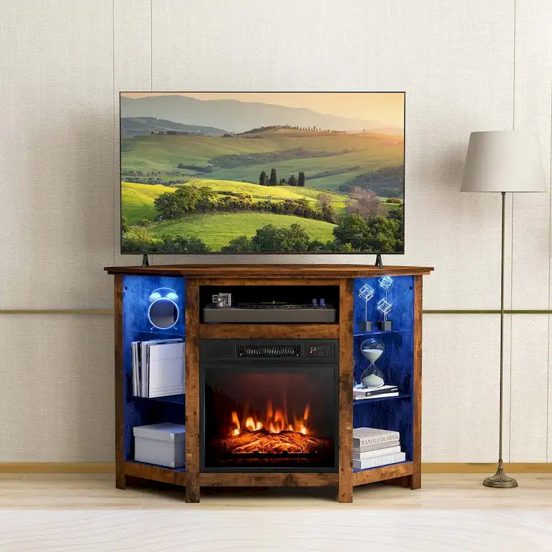 Meuble TV avec cheminée électrique, lumières LED 16 couleurs et étagères en verre réglables — Convient aux téléviseurs jusqu'à 50 pouces