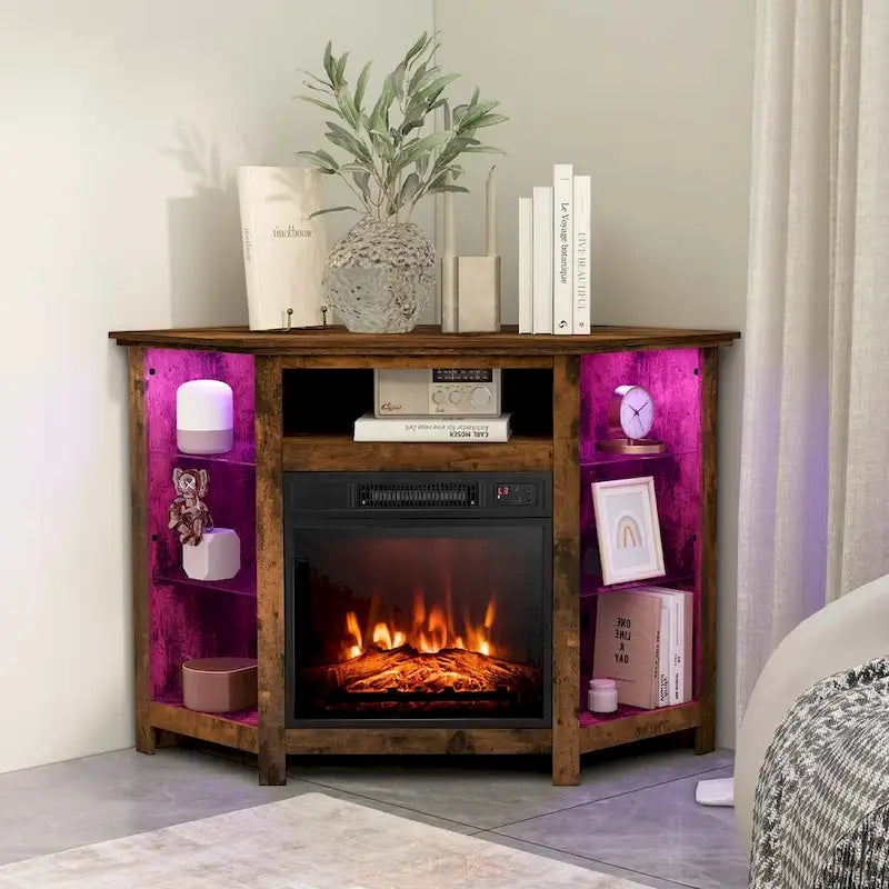 Meuble TV avec cheminée électrique, lumières LED 16 couleurs et étagères en verre réglables — Convient aux téléviseurs jusqu'à 50 pouces