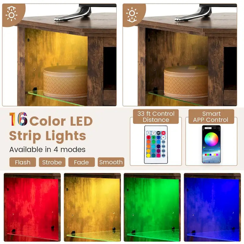 Meuble TV avec cheminée électrique, lumières LED 16 couleurs et étagères en verre réglables — Convient aux téléviseurs jusqu'à 50 pouces