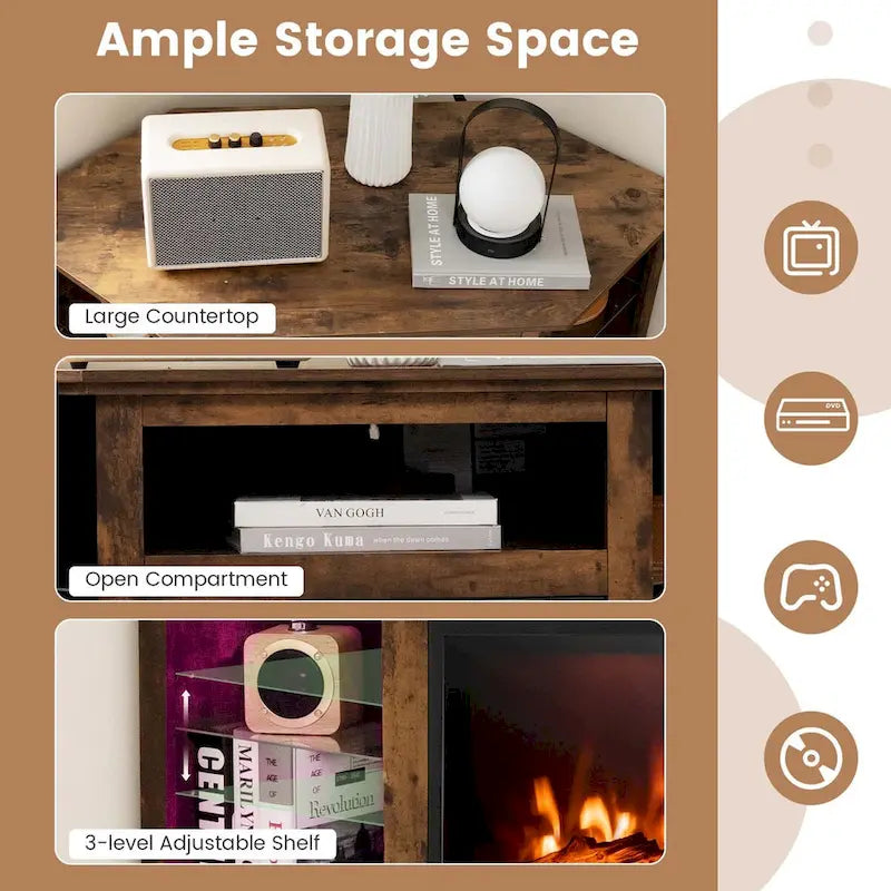 Meuble TV avec cheminée électrique, lumières LED 16 couleurs et étagères en verre réglables — Convient aux téléviseurs jusqu'à 50 pouces