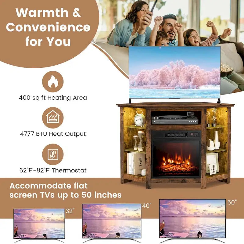 Meuble TV avec cheminée électrique, lumières LED 16 couleurs et étagères en verre réglables — Convient aux téléviseurs jusqu'à 50 pouces