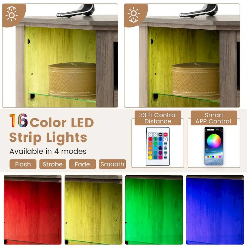 Meuble TV avec cheminée électrique, lumières LED 16 couleurs et étagères en verre réglables — Convient aux téléviseurs jusqu'à 50 pouces