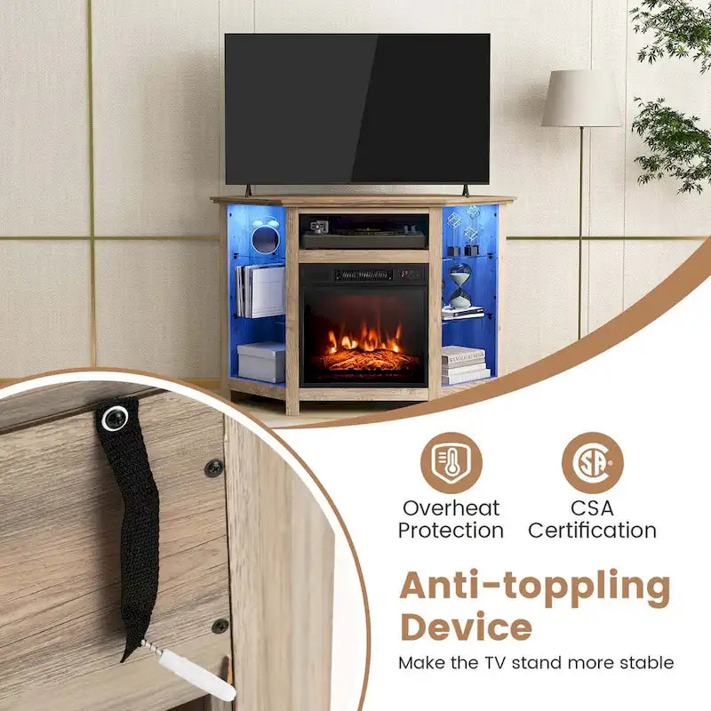 Meuble TV avec cheminée électrique, lumières LED 16 couleurs et étagères en verre réglables — Convient aux téléviseurs jusqu'à 50 pouces