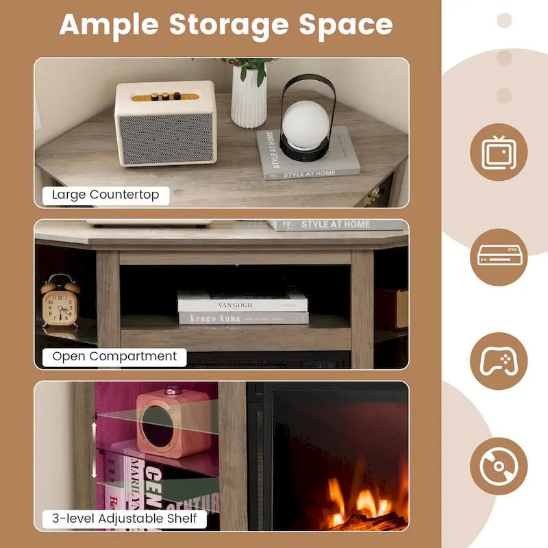 Meuble TV avec cheminée électrique, lumières LED 16 couleurs et étagères en verre réglables — Convient aux téléviseurs jusqu'à 50 pouces