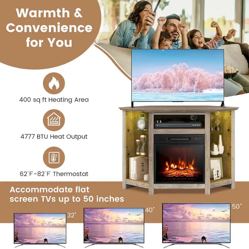 Meuble TV avec cheminée électrique, lumières LED 16 couleurs et étagères en verre réglables — Convient aux téléviseurs jusqu'à 50 pouces