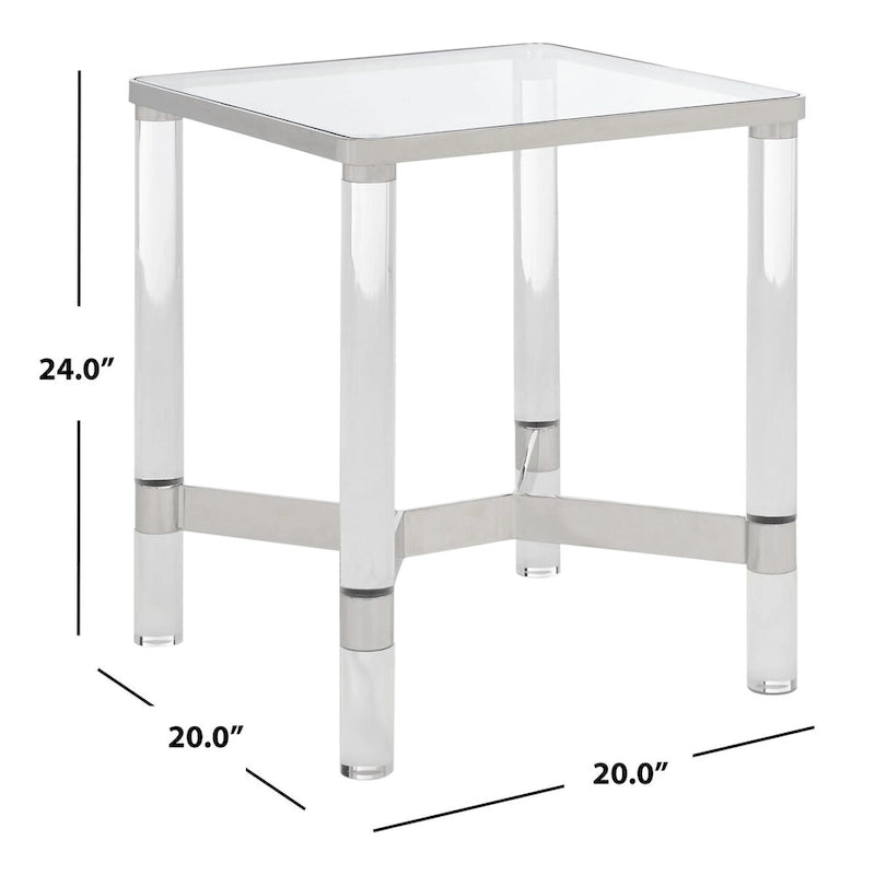 Table d'appoint d'appoint en acrylique transparent avec détail argenté — 50,8 cm L × 50,8 cm P × 61 cm H