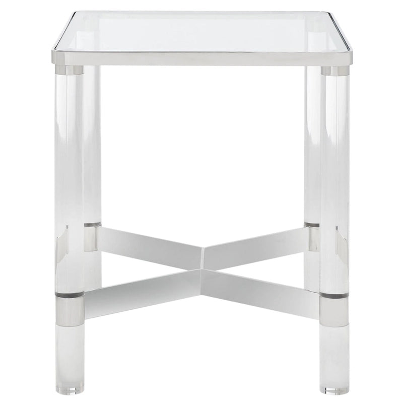 Table d'appoint d'appoint en acrylique transparent avec détail argenté — 50,8 cm L × 50,8 cm P × 61 cm H