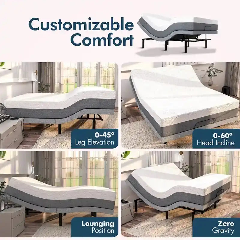 Sommier Articulé avec Matelas Hybride 30 cm, Massage, USB, Lumière Sous le Lit et Contrôle via Application