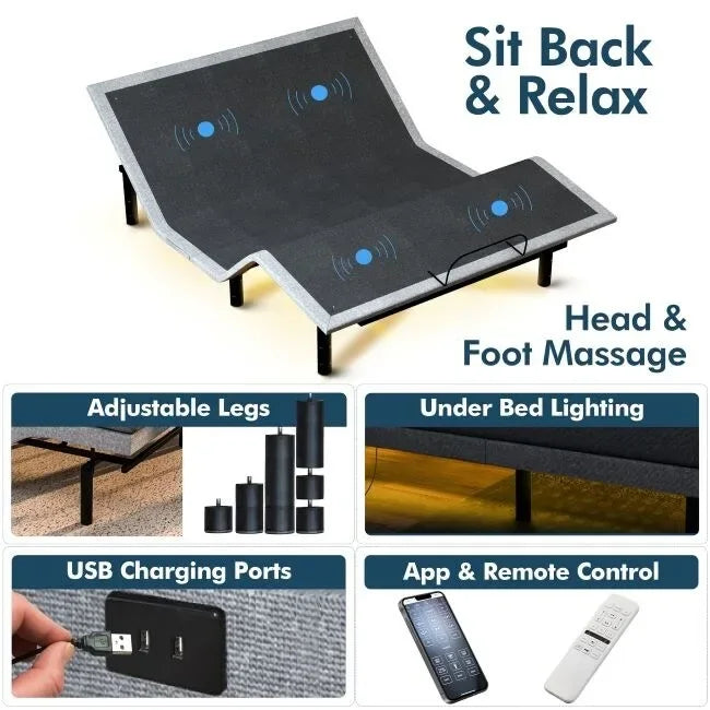 Sommier Articulé avec Matelas Hybride 30 cm, Massage, USB, Lumière Sous le Lit et Contrôle via Application