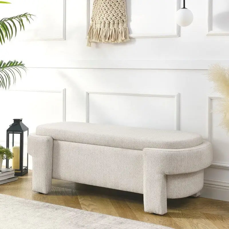 Banc de rangement en lin capitonné avec couvercle à charnière – Beige / Blanc