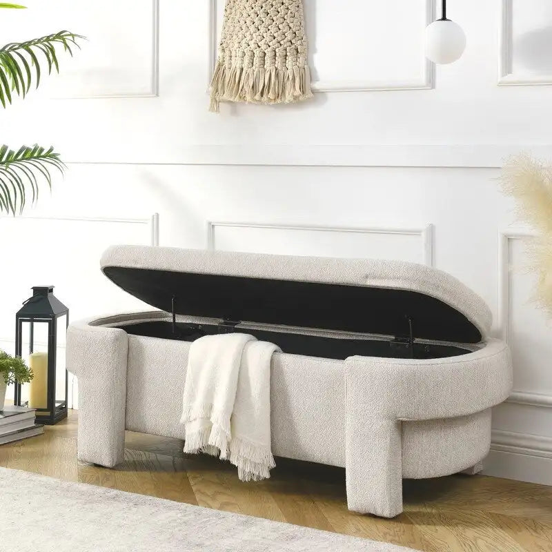 Banc de rangement en lin capitonné avec couvercle à charnière – Beige / Blanc