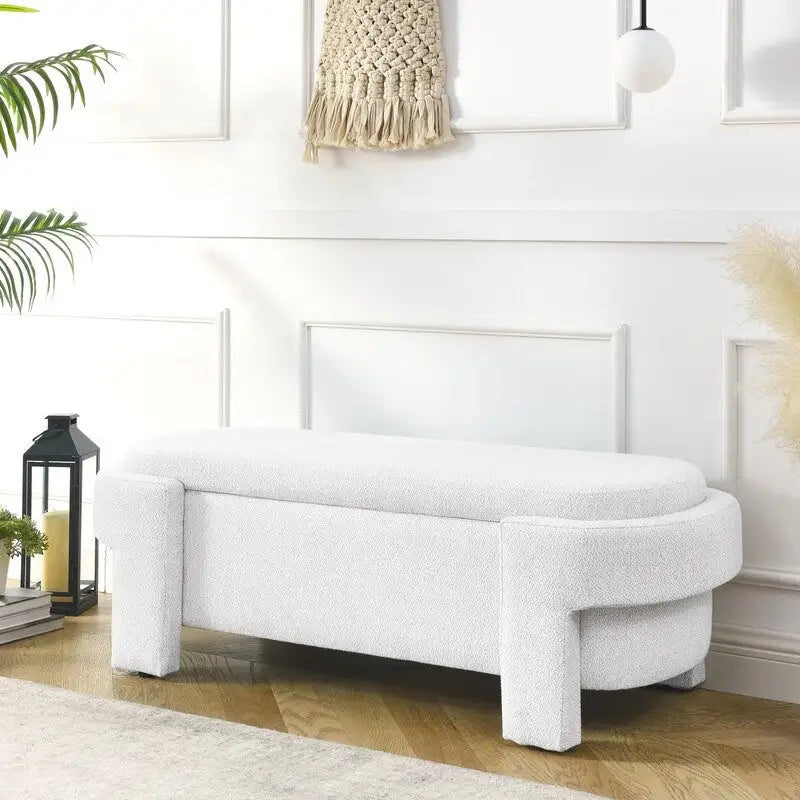Banc de rangement en lin capitonné avec couvercle à charnière – Beige / Blanc