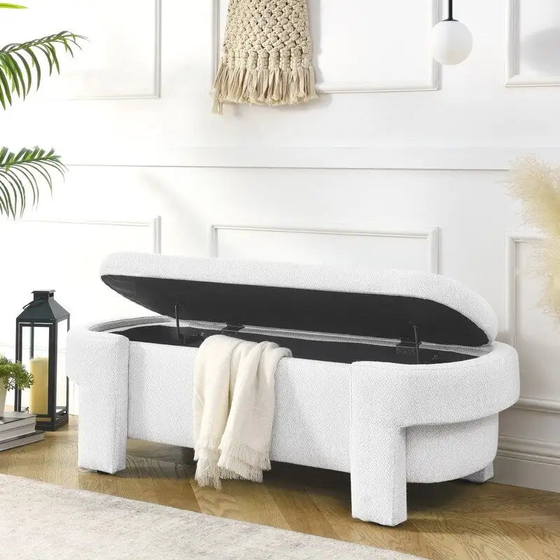 Banc de rangement en lin capitonné avec couvercle à charnière – Beige / Blanc