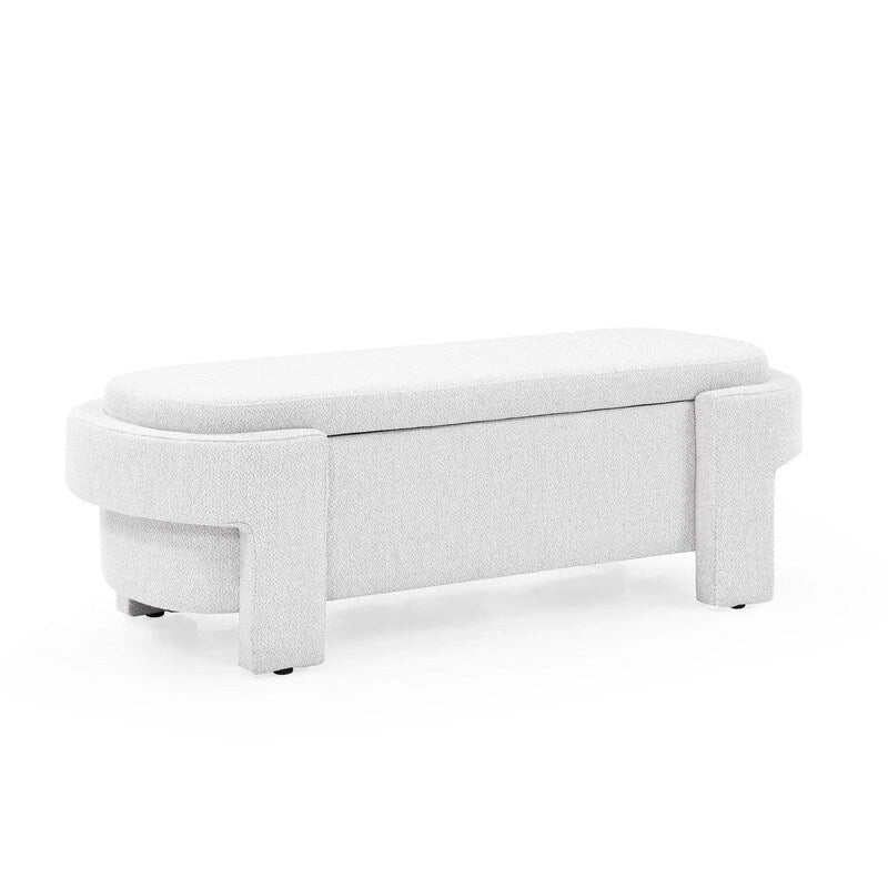 Banc de rangement en lin capitonné avec couvercle à charnière – Beige / Blanc