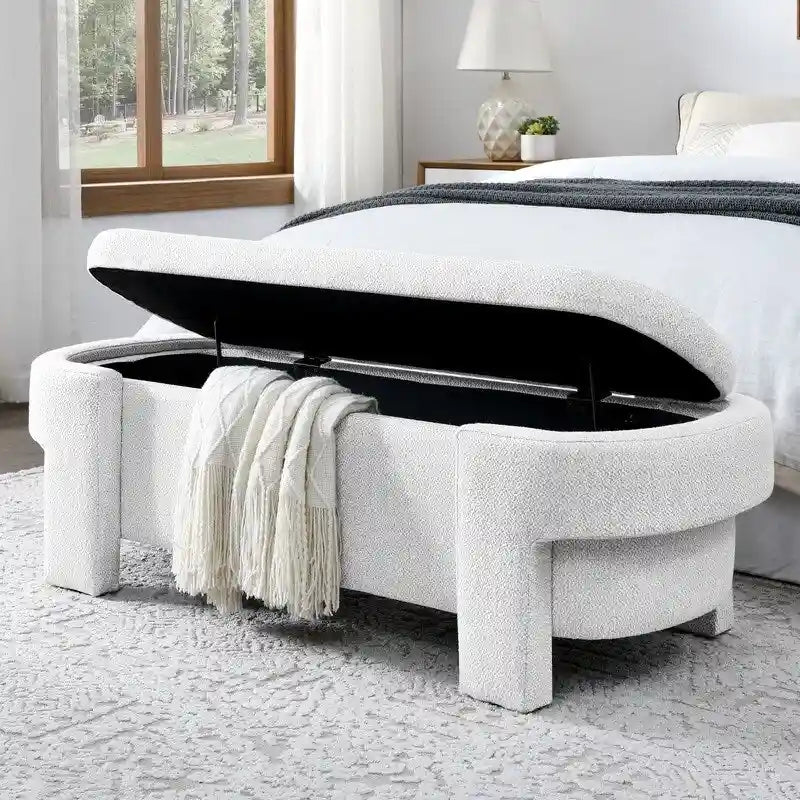 Banc de rangement en lin capitonné avec couvercle à charnière – Beige / Blanc