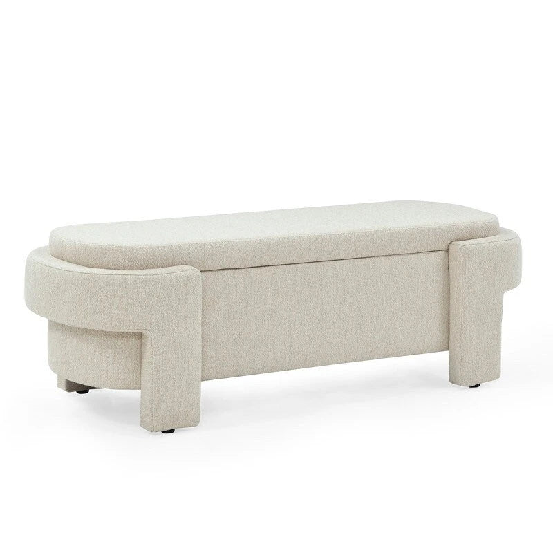 Banc de rangement en lin capitonné avec couvercle à charnière – Beige / Blanc