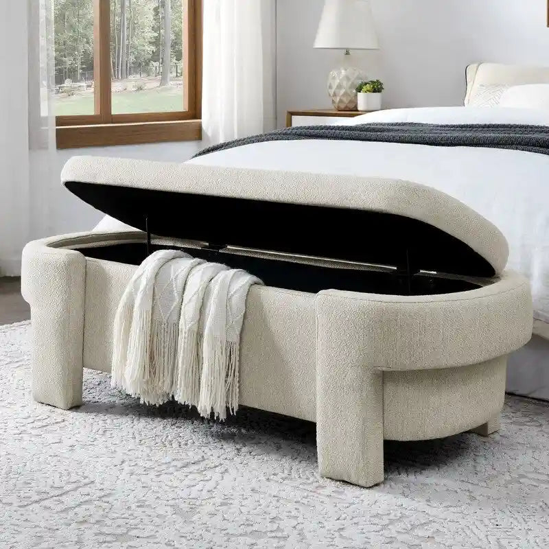 Banc de rangement en lin capitonné avec couvercle à charnière – Beige / Blanc