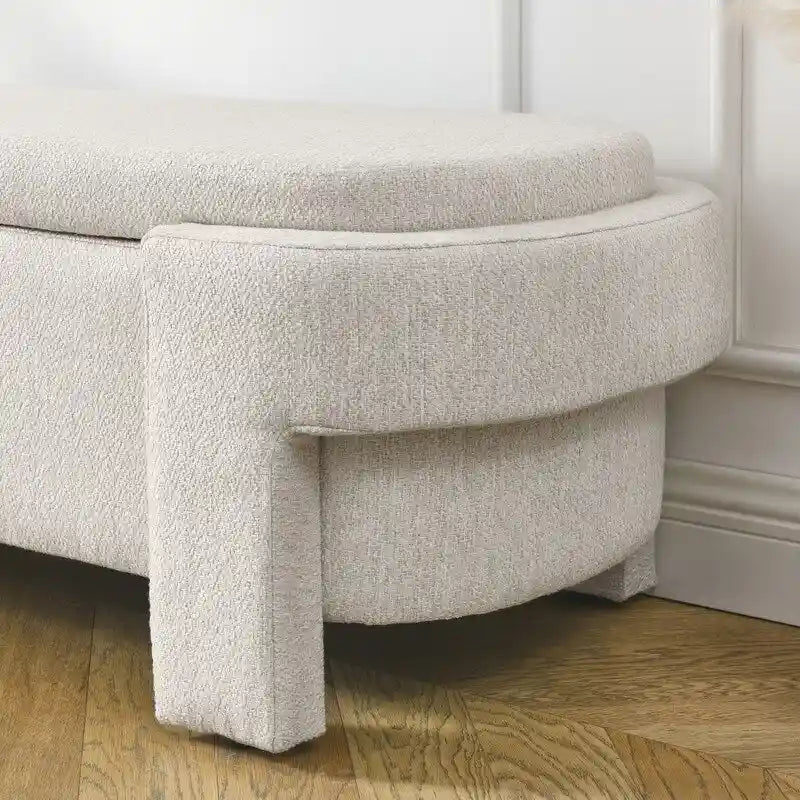 Banc de rangement en lin capitonné avec couvercle à charnière – Beige / Blanc