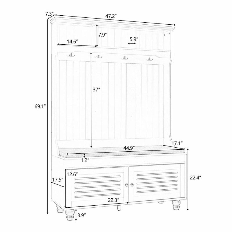 Portemanteau d'entrée 5-en-1 avec banc de rangement, portes persiennes, patères et coussin