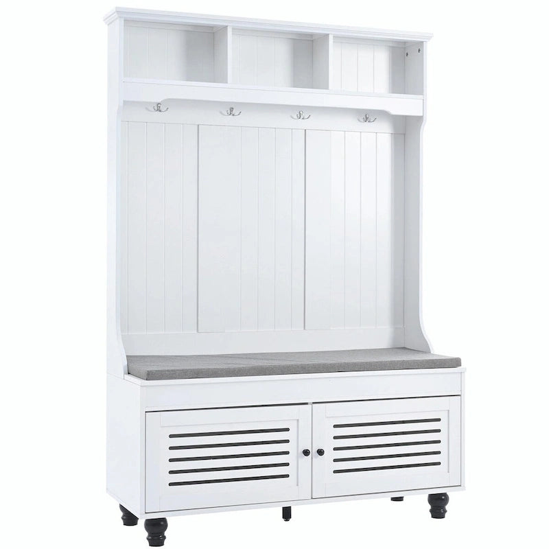Portemanteau d'entrée 5-en-1 avec banc de rangement, portes persiennes, patères et coussin