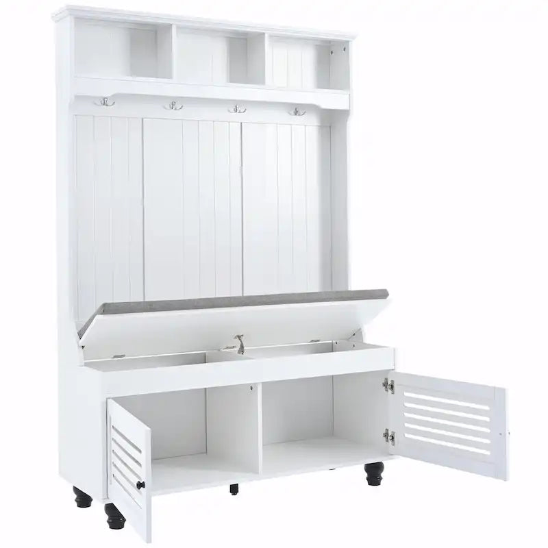 Portemanteau d'entrée 5-en-1 avec banc de rangement, portes persiennes, patères et coussin