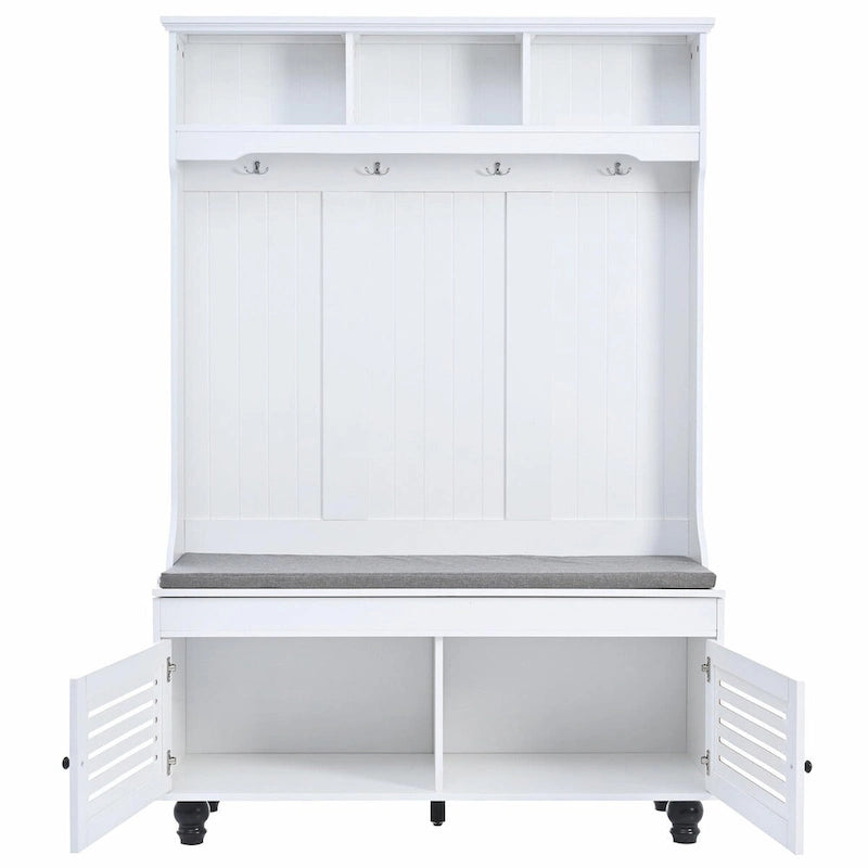 Portemanteau d'entrée 5-en-1 avec banc de rangement, portes persiennes, patères et coussin