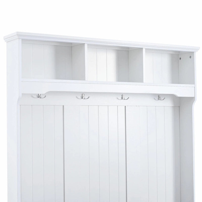 Portemanteau d'entrée 5-en-1 avec banc de rangement, portes persiennes, patères et coussin