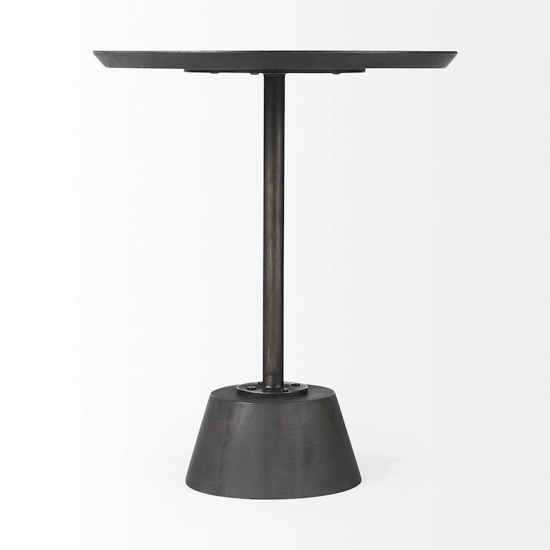Table d'appoint piédestal moderne en bois massif avec détails en tige métallique — 61 cm (H) × 51 cm (l) × 51 cm (P)