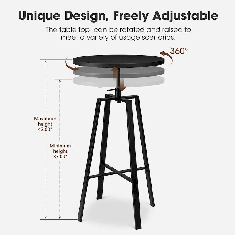 Table de bar ronde à hauteur réglable avec plateau aspect bois et structure en acier — Style industriel, plateau de 59,7 cm
