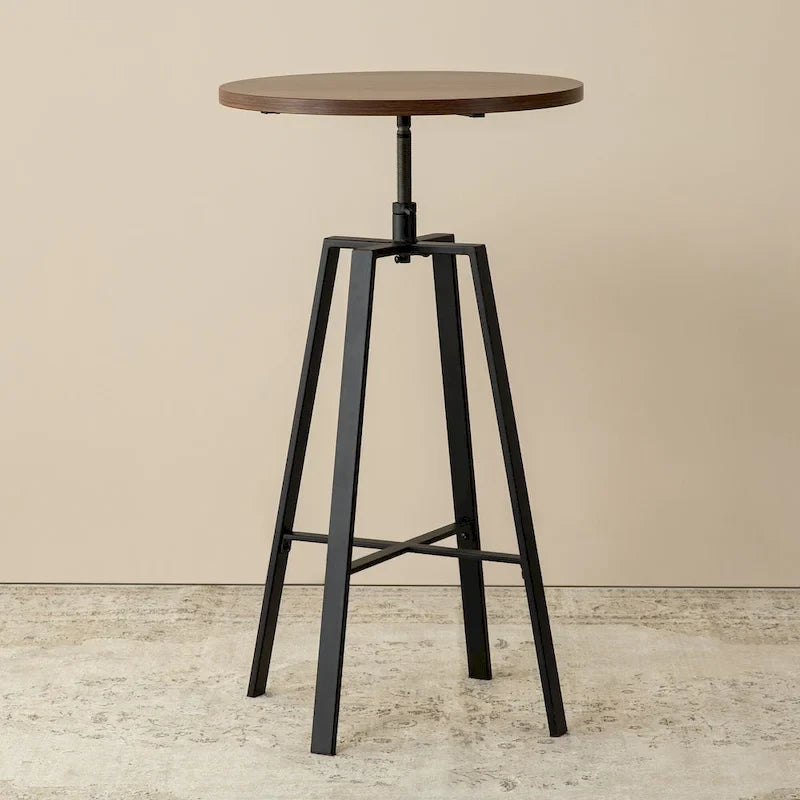 Table de bar ronde à hauteur réglable avec plateau aspect bois et structure en acier — Style industriel, plateau de 59,7 cm