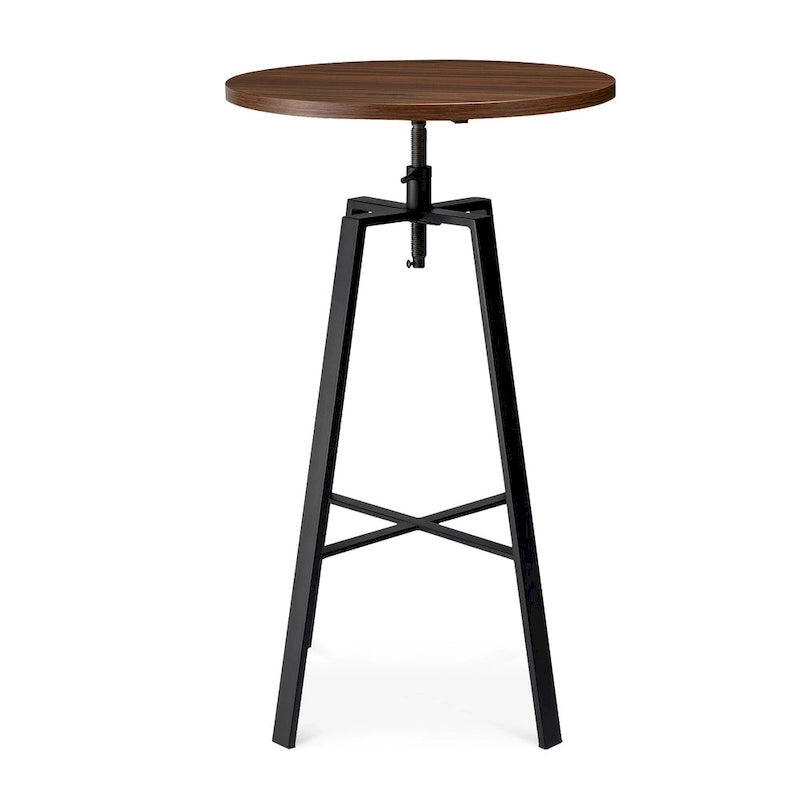 Table de bar ronde à hauteur réglable avec plateau aspect bois et structure en acier — Style industriel, plateau de 59,7 cm